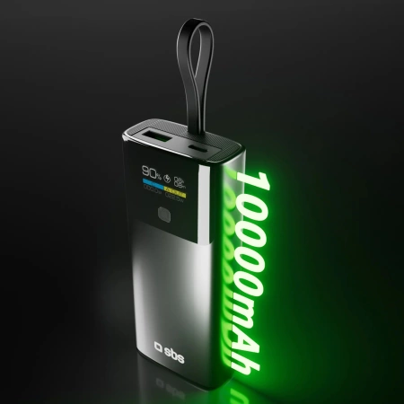 SBS 10000 mAh PD 20 W Powerbank mit LCD-Display und integriertem USB-C-Kabel - Grau