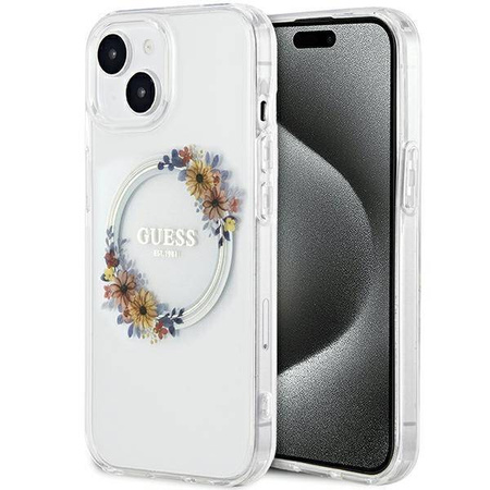 Oryginalne Etui GUESS Hardcase GUHMP15SHFWFCT do iPhone 15 (Kompatybilny z Magsafe / Flowers Wreath / transparent)