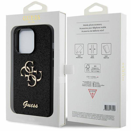 Guess Glitter Script Big 4G Hülle für iPhone 15 Pro – Schwarz