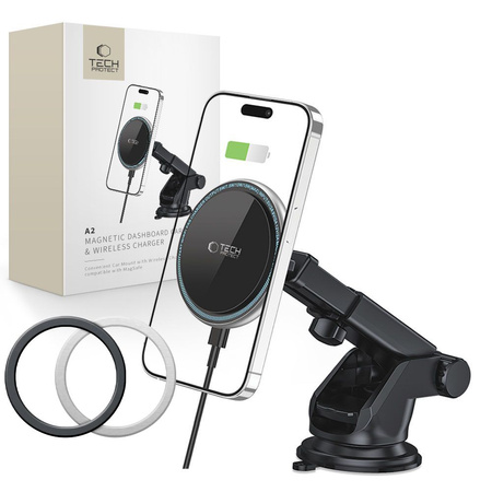Magnetic Car Holder MagSafe with 15W Induction Charging for Windshield / Dashboard Telescopic Arm Tech-Protect A2 black