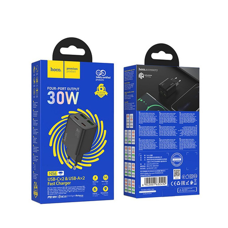 Ładowarka sieciowa do telefonu Hoco 2 x USB C + 2 x USB A QC3.0 PD 3A 30W N56 czarna