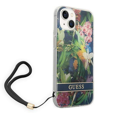Oryginalne Etui IPHONE 14 PLUS Guess Hardcase Flower Strap (GUOHCP14MHFLSB) niebieskie