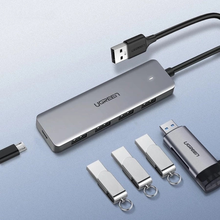 Ugreen rozdzielacz HUB USB - 4x USB 3.2 Gen 1 z portem zasilania micro USB szary (CM219 50985)