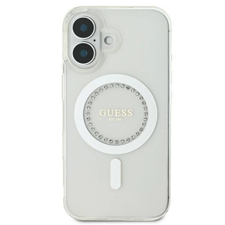 Guess IML Rhinestones MagSafe Case for iPhone 16 Plus - White