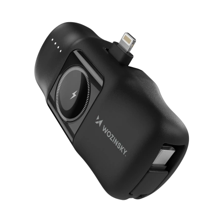 Wozinsky WF16-YLS 5000 mAh 15 W Lightning Mini-Powerbank mit integriertem USB-C-Kabel und Apple Watch Ladegerät – Schwarz
