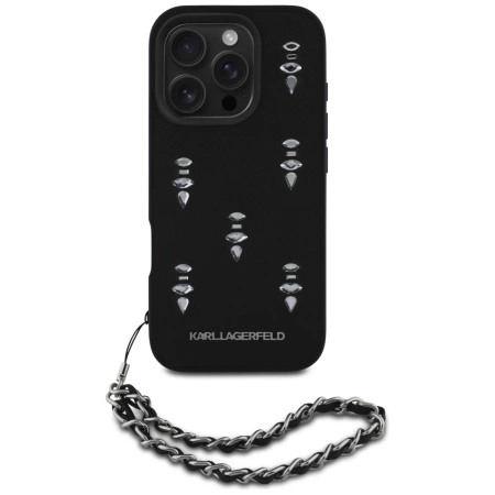 Etui Karl Lagerfeld Saffiano Crystals  w/Chain na iPhone 16 Pro - czarne