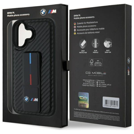 BMW nakładka do iPhone 16 6,1" BMHCP16SGSPCCK Hardcase M Grip Stand Smooth and Carbon czarna