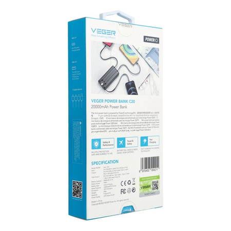 Bateria zewnętrzna (Powerbank) VEGER C20 - 20 000mAh (Micro + Typ C + Lightning 8-pin) czarny (W2047)
