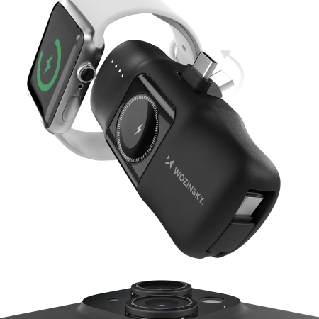 Wozinsky WF16-YCS 5000 mAh 15 W USB-C Mini-Powerbank mit integriertem USB-C-Kabel und Apple Watch Ladegerät – Schwarz