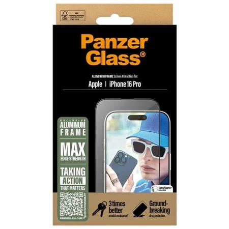 Szkło hartowane PanzerGlass Screen Protector Aluminum Frame Ultra-Wide Fit z aluminiową ramką na iPhone 16 Pro
