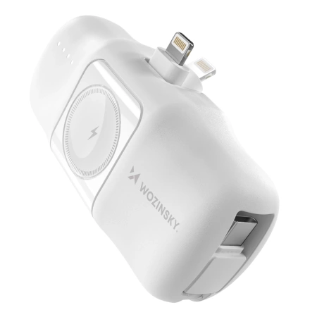Wozinsky WF16-YLS 5000 mAh 15 W Lightning Mini-Powerbank mit integriertem USB-C-Kabel und Apple Watch Ladegerät – Weiß