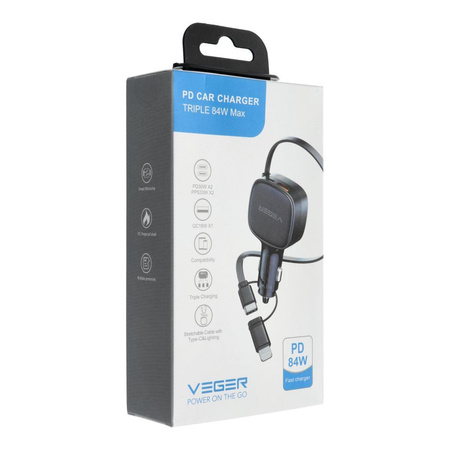 VEGER ładowarka samochodowa USB C + kabel USB C / Lightning QC PD 84W CC89 czarna