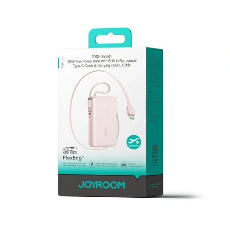 Joyroom JR-PR2L 10000mAh 35W Powerbank mit integriertem, einziehbarem USB-C-Kabel und Lightning Kabel mit Trageschlaufe – Pink