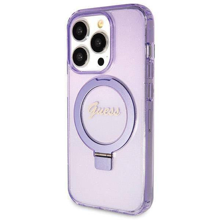 Original Handyhülle IPHONE 14 PRO Guess Hardcase Ring Stand Script Glitter MagSafe (GUHMP14LHRSGSU) violett