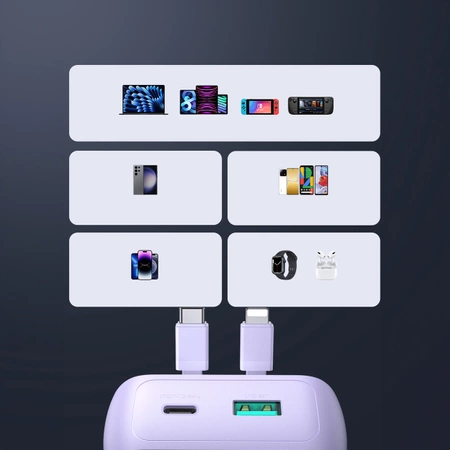 Joyroom Powerbank 30 W 10000 mAh mit integrierten Lightning und USB-C-Kabeln lila (JR-PBC06)