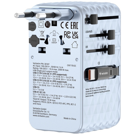 Verbatim Adapter podróżny EU/UK/US GaN   1xUSB-C/1xUSB-A/2xUSB-C PD 70W niebieski 30187