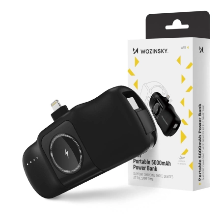 Wozinsky WF16-YLS 5000 mAh 15 W Lightning Mini-Powerbank mit integriertem USB-C-Kabel und Apple Watch Ladegerät – Schwarz