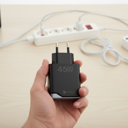 Ładowarka sieciowa do telefonu Forcell F-Energy Ultra Slim GaN III USB C + USB A PD QC4.0 3A 45W B245202(1A1C) czarna