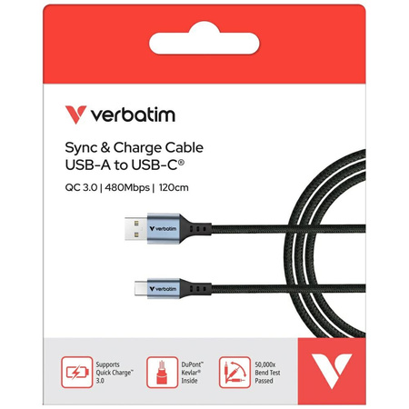 Kabel Verbatim Sync & Charge USB-A do    USB-C QC 120cm czarny 31843