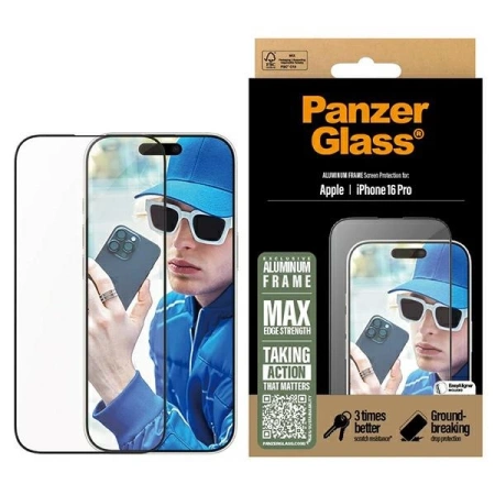 Szkło hartowane PanzerGlass Screen Protector Aluminum Frame Ultra-Wide Fit z aluminiową ramką na iPhone 16 Pro