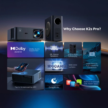 Yaber K2s Pro LCD FullHD 1080p Multimedia Projector with JBL Speakers and Subwoofer - Black