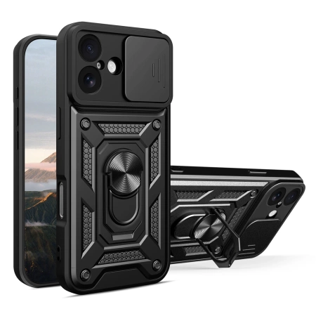 Etui Hybrid Armor Camshield na iPhone 17 pancerne z podstawką i osłoną aparatu - czarne