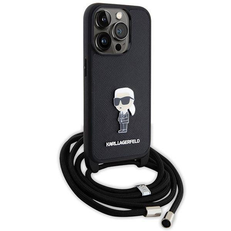 Karl Lagerfeld Crossbody Saffiano Monogram Metal Pin Karl &amp; Choupette Case for iPhone 15 Pro - Black