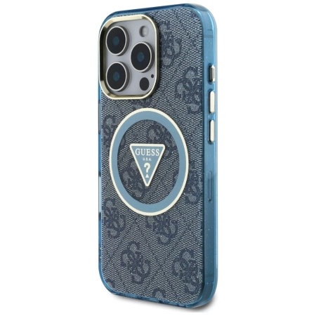 Guess IML Metal Glitter 4G Circle Triangle MagSafe Case für iPhone 16 Pro Max - Blau