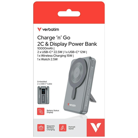 Powerbank Verbatim Charge n Go 10000mAh  z podstawką Magnetic Wireless wyświetlacz TFT 2xkabel USB-C szary 32272
