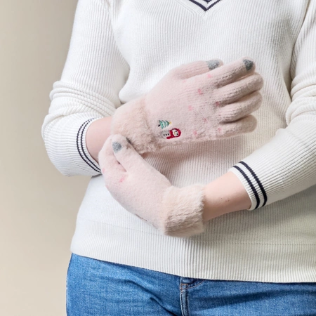 Winter-Telefonhandschuhe für Damen mit einem Schneemann und einem Weihnachtsbaum – beige