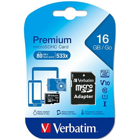 Verbatim Karta microSDHC 16GB V10 + adapter czarny/black 44082