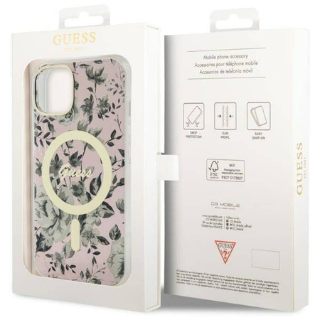 Guess GUHMP14MHCFWSP iPhone 14 Plus 6.7" pink/pink hardcase Flower MagSafe