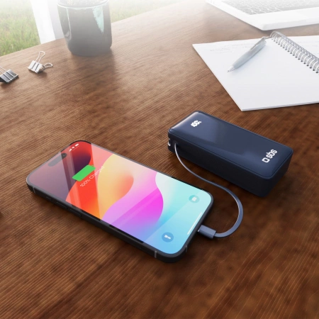 Powerbank SBS 10000 mAh 20W with built-in USB-C cable and digital display - dark gray