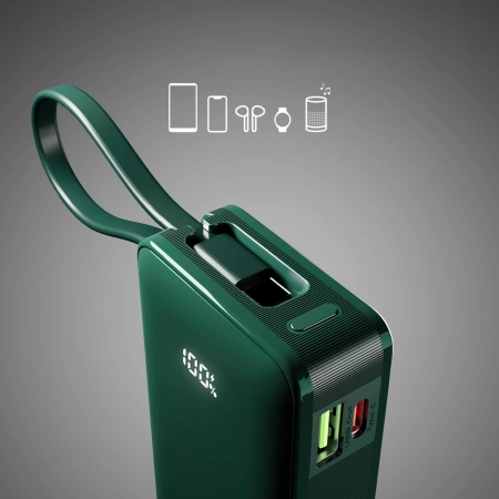Powerbank SBS 10000 mAh 20W mit integriertem USB-C-Kabel und Digitalanzeige - grün