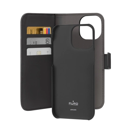 Puro Wallet Abnehmbare MagSafe 2in1 Öko-Lederhülle mit Klappe und Geldbörse für iPhone 15 Pro – Schwarz