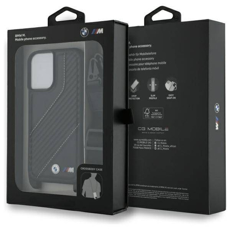 Oryginalne Etui IPHONE 16 BMW Hardcase M Edition Carbon Stripe & Strap (BMHCP16S23PSCCK) czarne