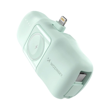Mini powerbank Wozinsky WF16-YLS 5000mAh 15W Lightning z wbudowanym kablem USB-C i ładowarką do Apple Watch - zielony