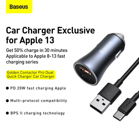 Baseus Golden Contactor Pro szybka ładowarka samochodowa USB Typ C / USB 40 W Power Delivery 3.0 Quick Charge 4+ SCP FCP AFC + kabel USB Typ C - Lightning szary (TZCCJD-B0G)