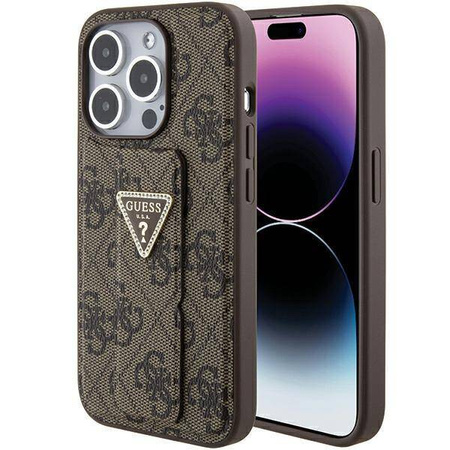 Etui Guess Grip Stand 4G Triangle Strass na iPhone 15 Pro Max - brązowe