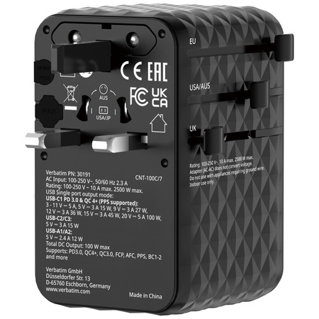 Verbatim Adapter podróżny EU/UK/US GaN   2xUSB-C/2xUSB-A/1xUSB-C PD 100W czarny 30191