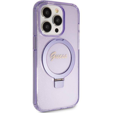 Guess Ring Stand Script Glitter MagSafe case for iPhone 15 Pro - purple