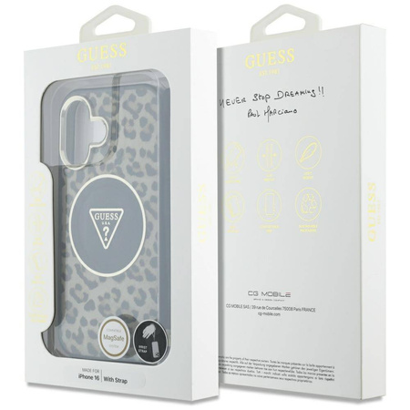 Original Handyhülle IPHONE 16 Guess HC IML Leopard Triangle Cord Strap braun