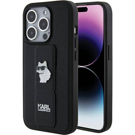 Karl Lagerfeld Gripstand Saffiano Choupette Pins Hülle für iPhone 15 Pro Max – Schwarz