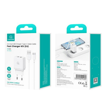 USAMS Ład. siec. 2xUSB-A + kabel USB-C/USB-A Fast Charging biały/white series HC HCXLTZ03