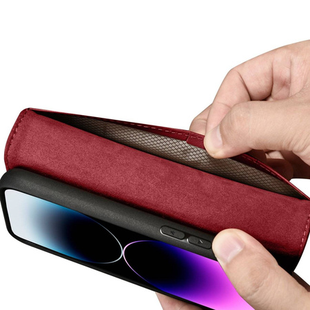 iCarer Wallet Case 2in1 etui iPhone 14 Pro Max skórzany pokrowiec z klapką Anti-RFID czerwony (WMI14220728-RD)