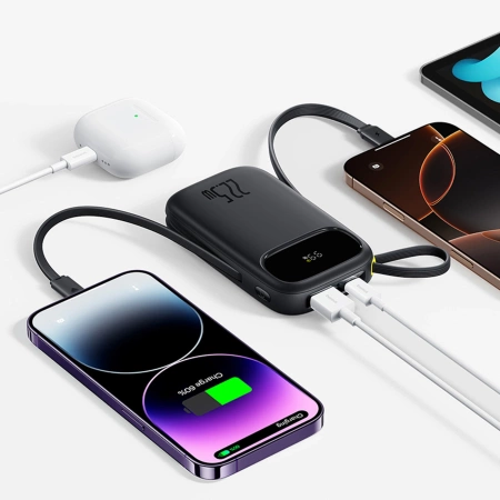 Baseus EnerFill FC31 10000 mAh 22,5 W Powerbank mit Digitalanzeige und 2 integrierten Kabeln (USB-C + Lightning) - Schwarz