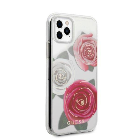 Original Handyhülle IPHONE 11 PRO Guess Hardcase Flower Desire Pink & White Rose transparent