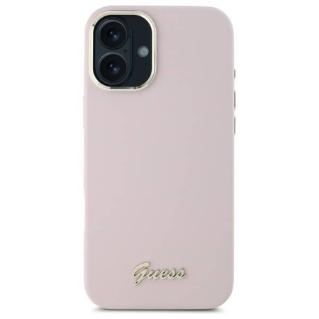 Original Handyhülle IPHONE 16 Guess Hardcase Silicone Script Metal Logo & Frame (GUHCP16SSMBSLP) rosa