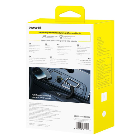 Baseus Okrągła plastikowa ładowarka samochodowa (U+C) + kabel C&L 60W czarna