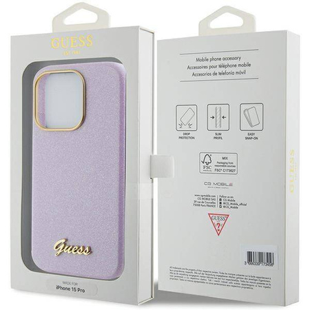 Guess Glitter Glossy Script case for iPhone 15 Pro Max - lilac